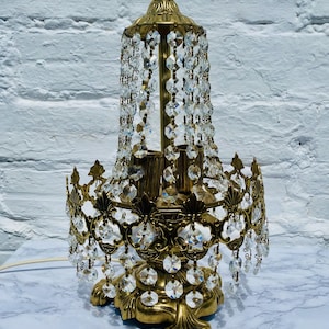 Vintage Boudoir Accent Table Lamp, Gold, Brass, Chandelier, Crystal, Light, French, Romantic, Hollywood, Claw Foot