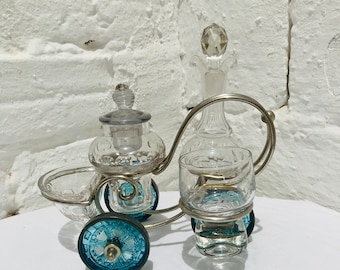 Antique Tricycle Centerpiece: Crystal Glass Dishes, Blue Wheels