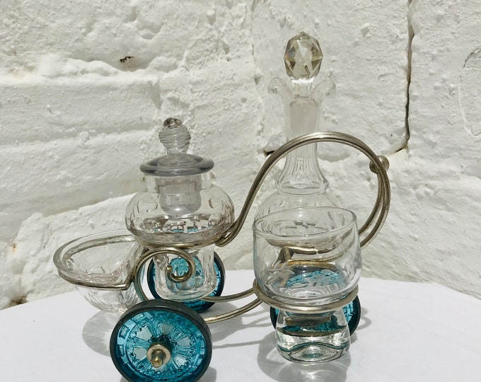 Antique Tricycle Centerpiece: Crystal Glass Dishes, Blue Wheels