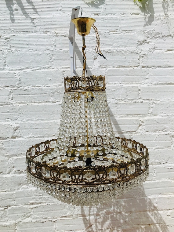 28 X 18.5 Antique French Empire Chandelier, Tiered Crystal, Brass, 6  Lights, Vintage, Hollywood Glamour 