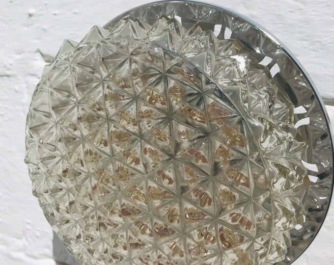 Antique Mid Century Spiky Glass Flush Mount Light - Chrome Rim
