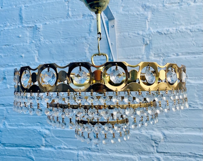 Petite French Vintage Crystal Chandelier: Brass Tiered Light (13.5" wide)