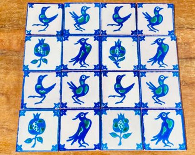 16 Square Hand-Painted Talavera Tiles: Fajalauza Bird Design, Spanish Colonial (2.75in), Backsplash