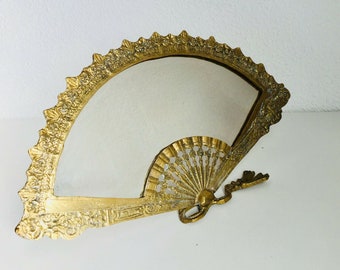 9&quot; x 16&quot; Antique Bronze Fan Shaped Vanity Boudoir Etched Mirror Frame Spanish Abanico Art Nouveau
