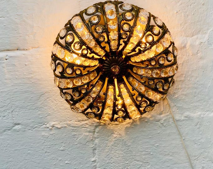 French Crystal Plafonière Flush Mount Ceiling Light - Brass & Rock Crystal