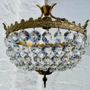 Antique Petite French Crystal Chandelier Ceiling Light, Bowl, Bag, Bronze, Brass