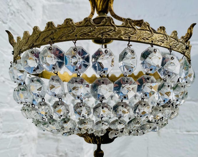 Antique Petite French Crystal Chandelier Ceiling Light, Bowl, Bag, Bronze, Brass