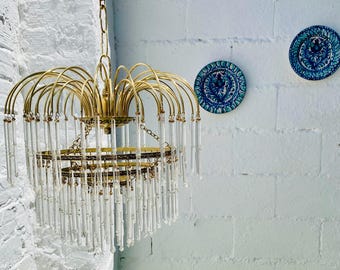 Petite Antique French Chandelier: Tiered Glass & Brass Pendant Light