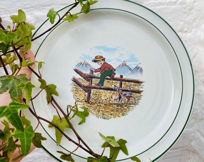 Antique Spanish Plate Charger: Boy, Dog, G V Segovia (9.5 inch)