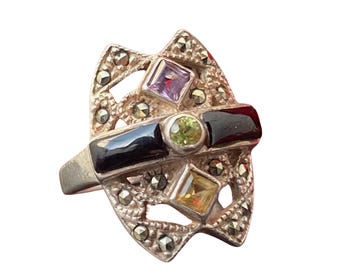 Antique Art Deco Sterling Silver Marcasite Cocktail Ring, Size 6 3/4