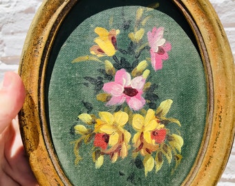 Antique Impressionist Floral Oil Painting: Oval Giltwood Frame (8.25"), Art