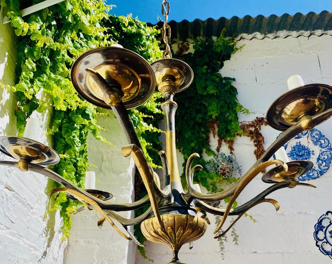 Antique Bronze Tole Chandelier: 6-Arm Colonial Candle Style (30x26")