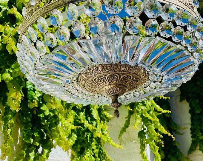 Antique French Silvered Bronze Crystal Chandelier - Semi Flush Mount