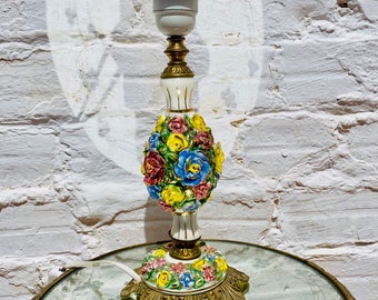 Antique Capodimonte Table Lamp, Porcelain, Manises, Floral, Cast Bronze, Accent Boudoir Lighting, 11"