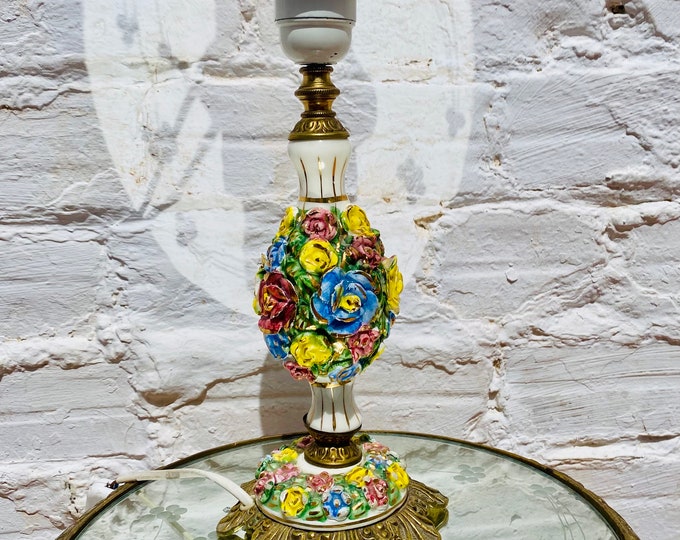 Antique Capodimonte Table Lamp, Porcelain, Manises, Floral, Cast Bronze, Accent Boudoir Lighting, 11"