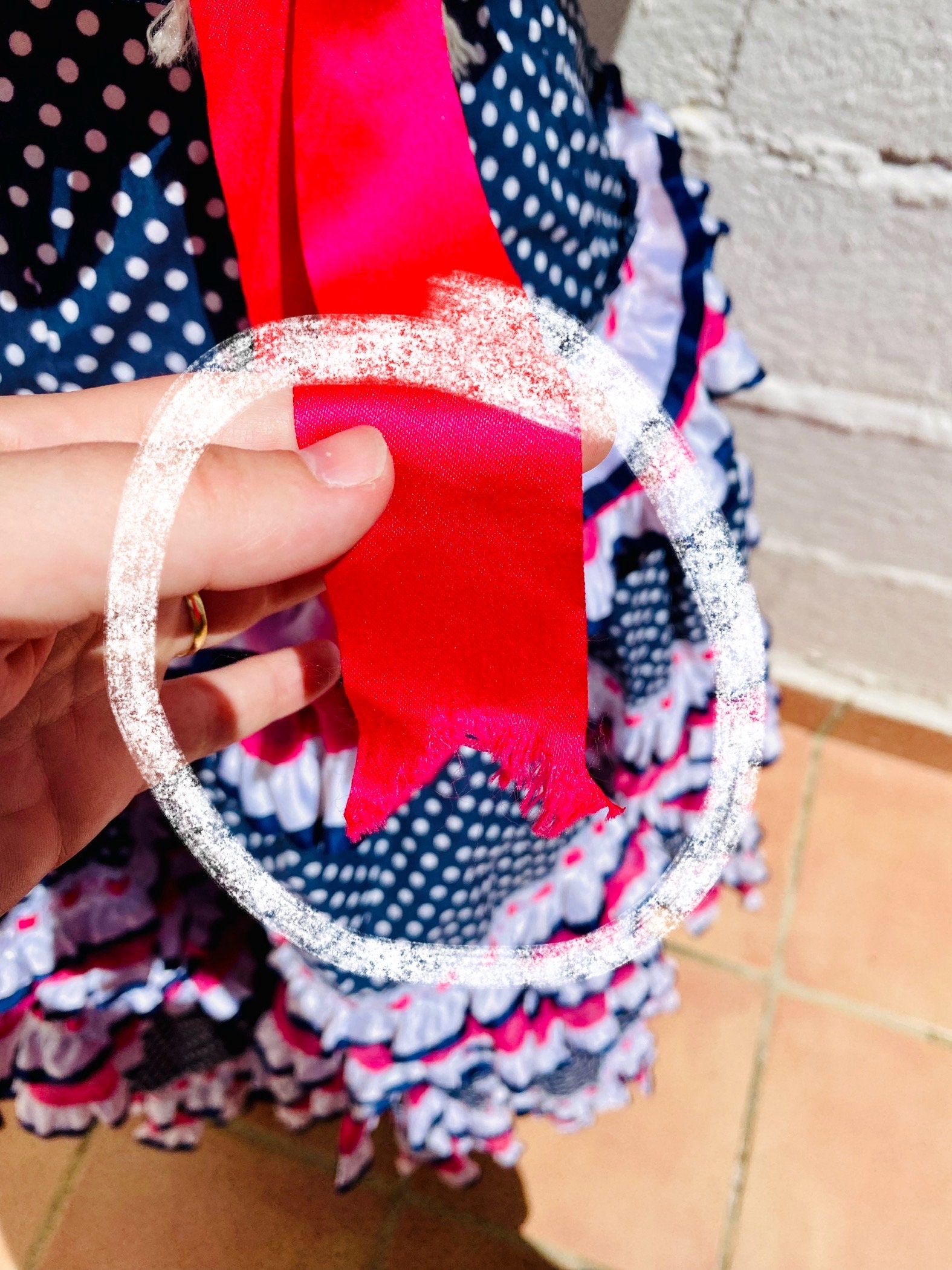 ヴィンテージフラメンコドレス：ウエスト26インチ、ネイビーの水玉模様