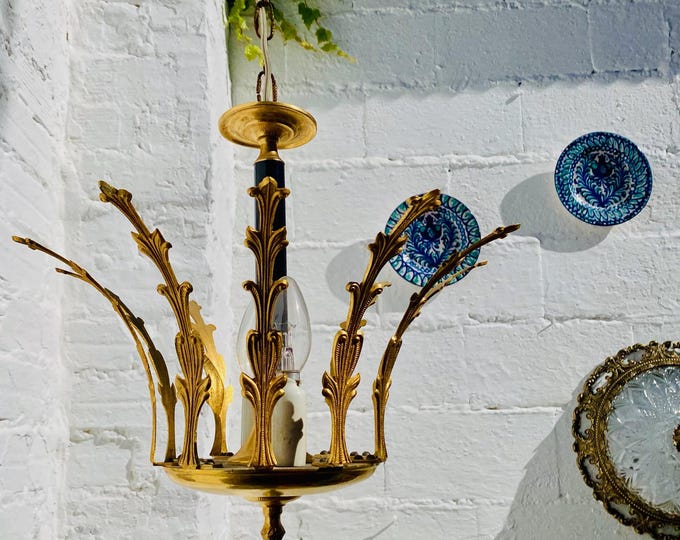 Antique French Style Gilded Brass Chandelier – Neoclassical Leaf Motif Ceiling Light