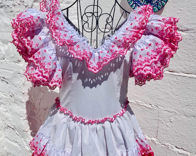 Vintage Flamenco Dress: White Pink Dots, Short Sleeves, Feria Gitana, Waist 27"