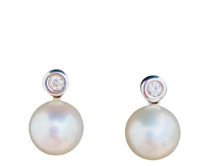 18k South Sea Pearl White Gold Stud Earrings, 10.5mm Pearls, 3mm Diamonds, 6.01g