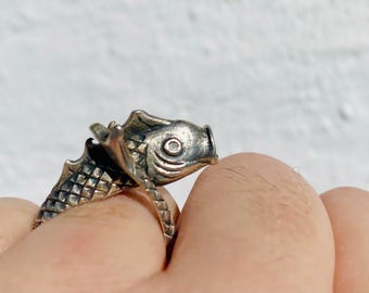 Koi, Whimsical Nautical FISH Silver Ring, Hand made, Vintage, Size US 5.5, Estate Jewelry,