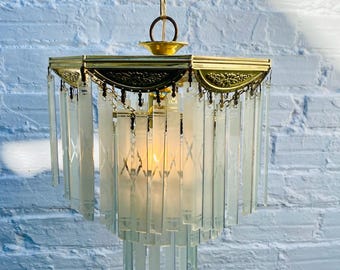 28" Frosted Glass Vintage Brass Chandelier, Tiered, Waterfall, 1 Light, Art Deco