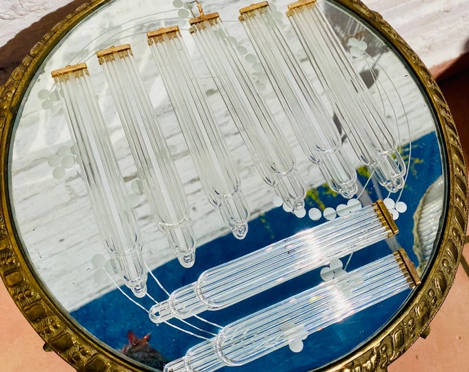 8 Antique Long Glass Chandelier Prisms Beads Crystals, Geometric Swirl Loop