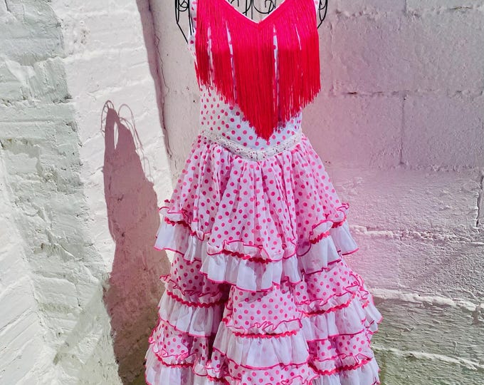 Vintage Flamenco Dress: White Pink Polka Dots Feria Gitana, Waist 28"