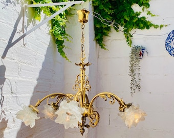 Antique Cast Bronze CHANDELIER Frosted Glass Shades Rose / Flower, French Spanish Colonial Revival, Satin Glass, Suitable for USA & EU