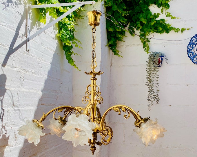 Antique Cast Bronze Chandelier: French Colonial Revival Frosted Flower Shades