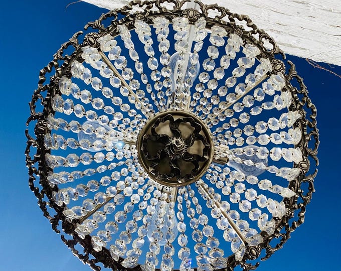 10.5" x 22" Antique French Silver Bowl Chandelier, Silvered Bronze, Semi Flush