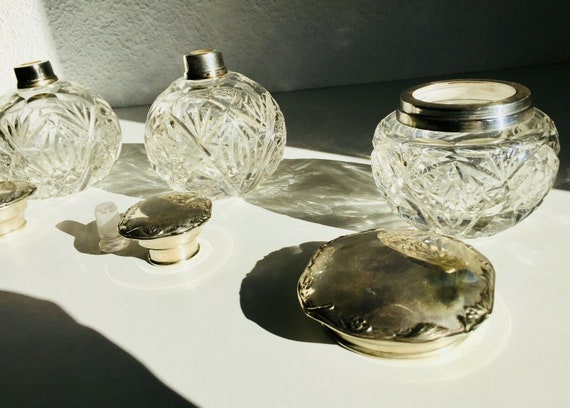 3 Antique Crystal Alpaca Silver Vanity Dresser Se… - image 8