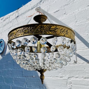 Antique Petite French Crystal Chandelier Ceiling Light, Bowl, Bag, Bronze, Brass
