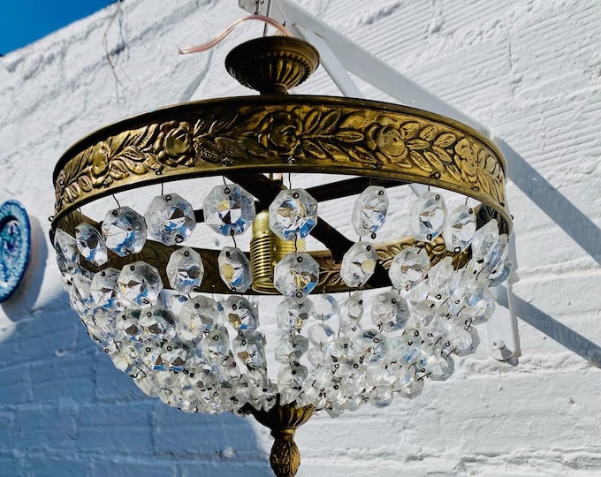 Antique Petite French Crystal Chandelier Ceiling Light, Bowl, Bag, Bronze, Brass