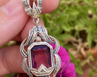 Vintage Art Deco Silver Tone Pendant with Purple Glass Stone, Antique Style Jewelry Spain