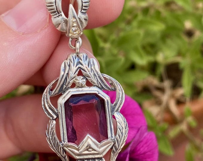 Vintage Art Deco Silver Tone Pendant with Purple Glass Stone, Antique Style Jewelry Spain