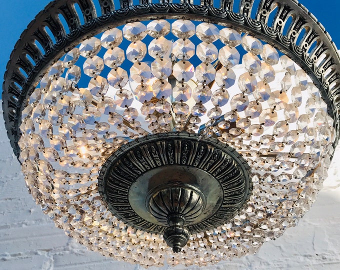 Antique French Silvered Bronze Crystal Chandelier - Flush Mount Lighting