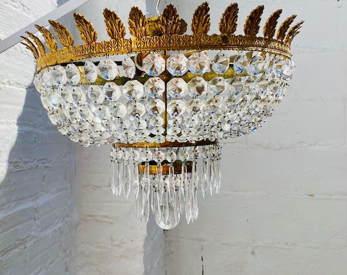 Antique French Crystal Basket Chandelier Empire Ceiling Light Gilt Bronze Crown Flush Mount Rare Lighting (14x19)