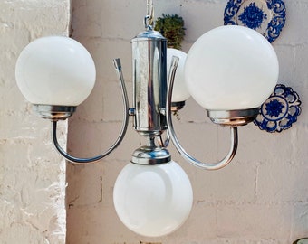 Chrome Sputnik Chandelier: Mid Century Milk Glass Orb, 4-Light