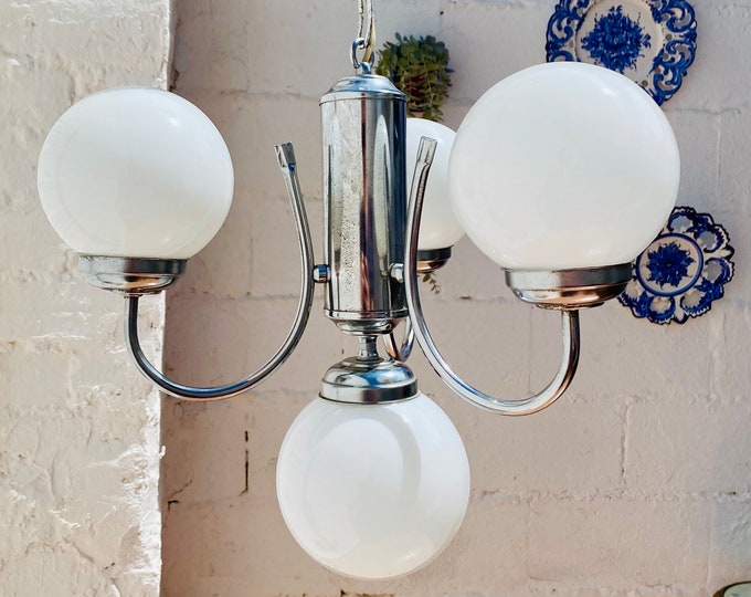 Chrome Sputnik Chandelier: Mid Century Milk Glass Orb, 4-Light