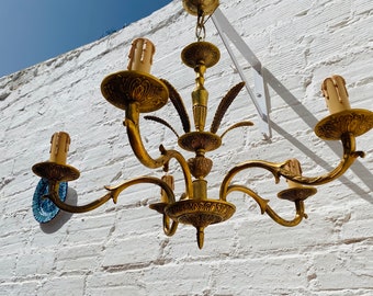 Antique Golden Bronze 5-Arm Chandelier: Spanish Colonial Lighting