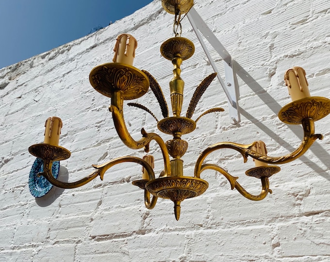 Antique Golden Bronze 5-Arm Chandelier: Spanish Colonial Lighting