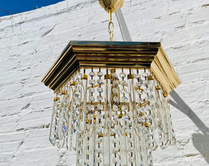 Vintage Murano Crystal Waterfall Chandelier Brass Square Ceiling Light Hollywood Regency