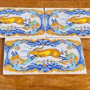 3 Vintage Tiles, Spanish &quot;Talavera de la Reina&quot;, Maiolica, Majolica, Rabbit Motif, Yellow Blue Color, Rectangular, 11 x 5.5 inches, Triana