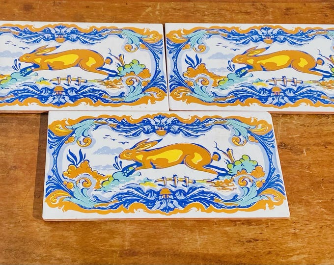 Vintage Talavera Tiles: Spanish Majolica Rabbit Motif, Set of 3