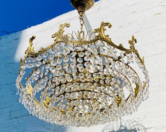 Antique Crystal Tiered Chandelier 4 Light Brass French Low Ceiling Fixture Ornate Gold Prisms 16.5 Inch