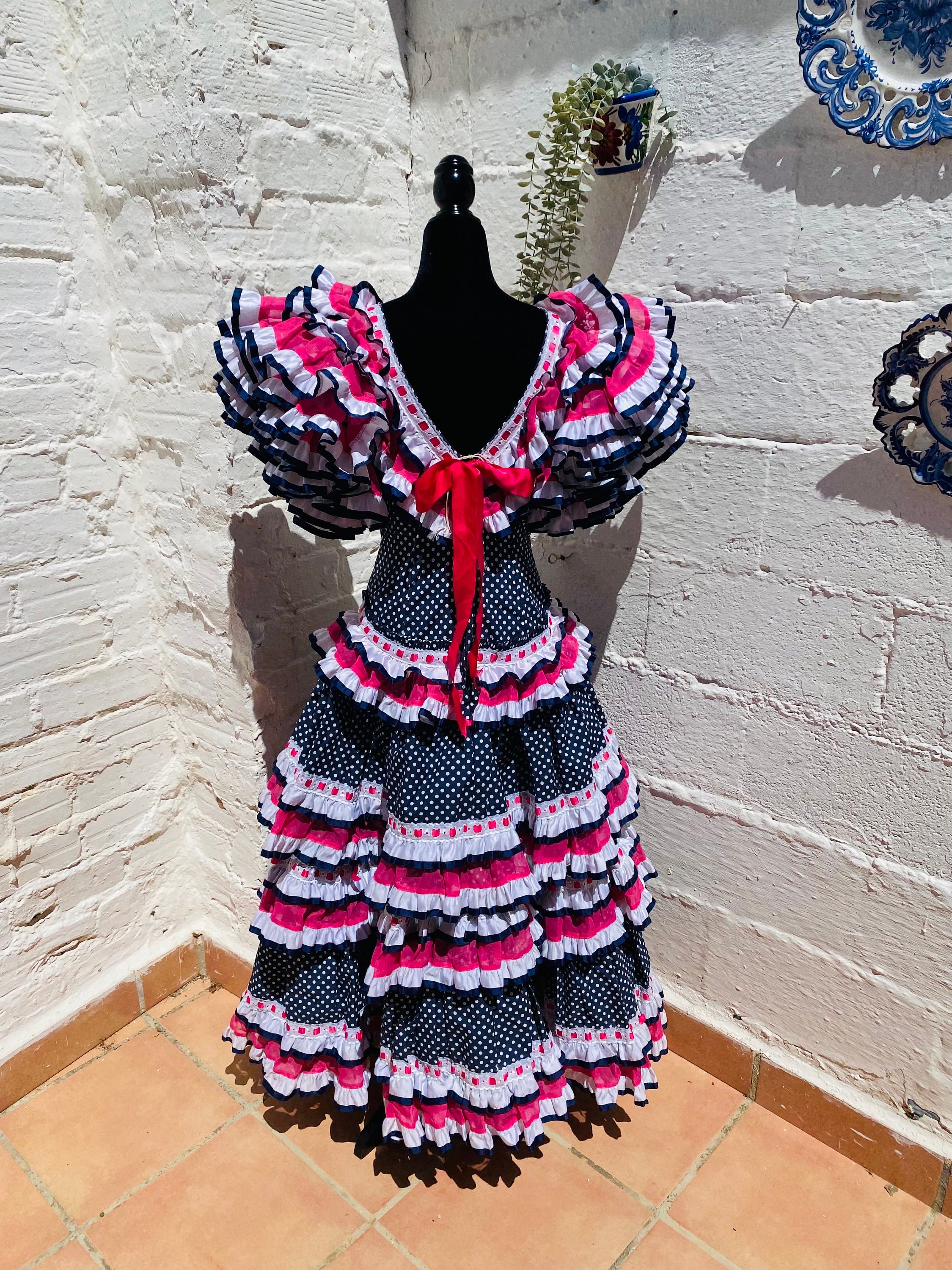 ヴィンテージフラメンコドレス：ウエスト26インチ、ネイビーの水玉模様