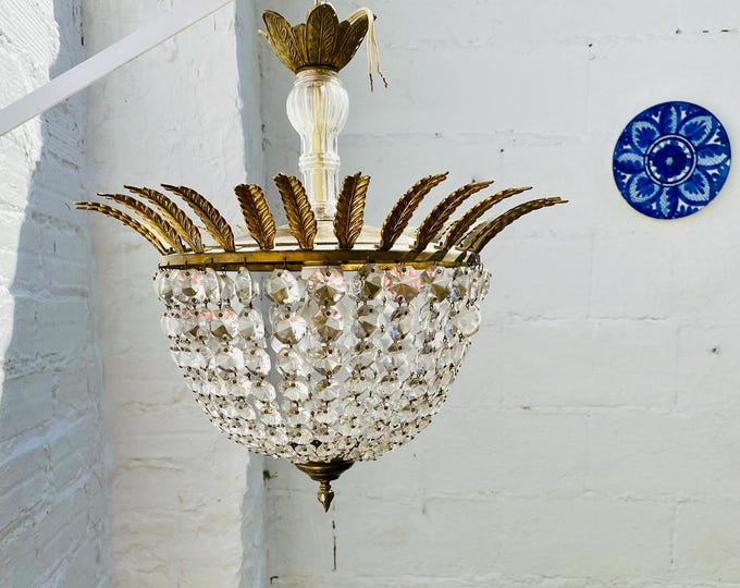 Antique French Crystal Basket Chandelier, Gilt Bronze Wheat Sheaf Empire Style Light Fixture (17x17)