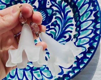 2 Rare Antique Frosted Glass Flowers Flower Rose For Chandelier Crystal Prism Bead