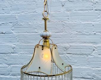 Vintage Hanging Light Beveled Glass Panel Pendant Lamp Ceiling Mid Century