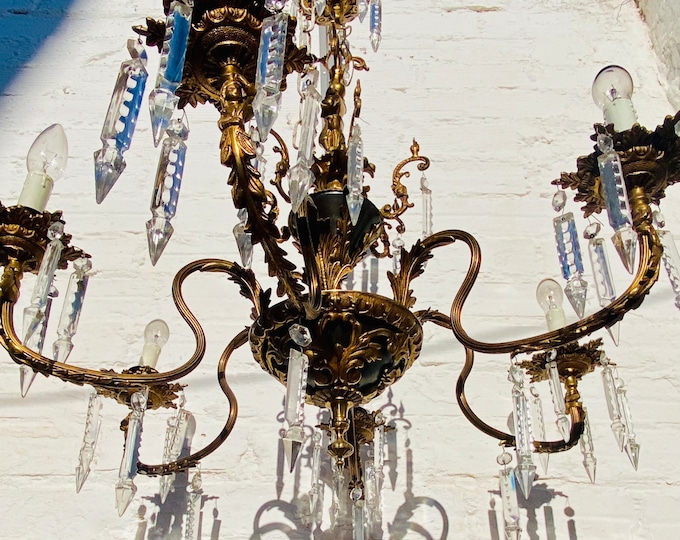 Antique French Chandelier: Black Tole, Gilt Bronze, Icicle Spears, Figural Arms
